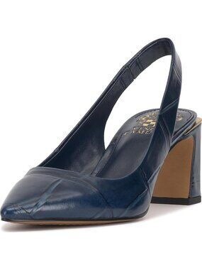 Women's Deep Navy Blue Croco Pointed Toe Hamden Slingback Pump Block Heel Shoes
